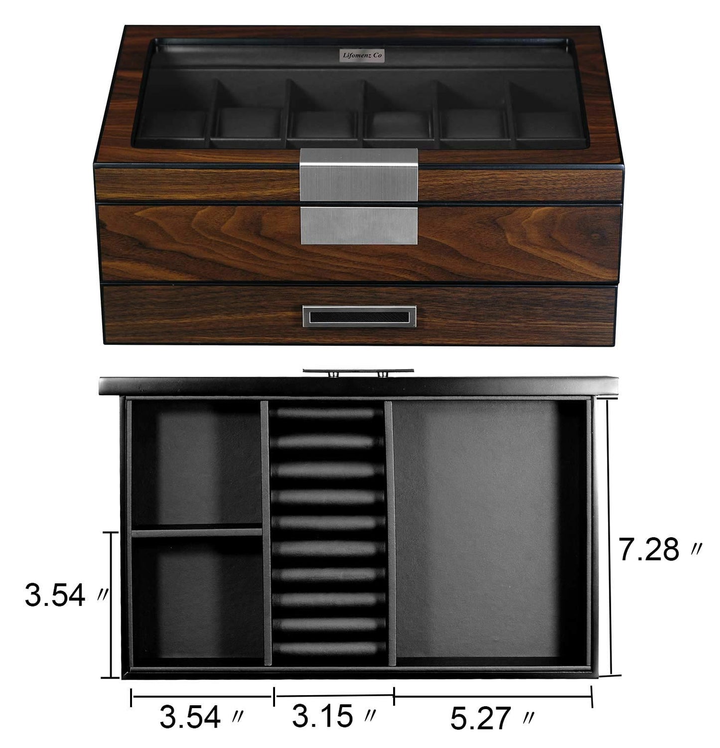 Lifomenz Co Watch Box for Men 12 Slot Wooden Watch Organizer - Premium Walnut Watch Display Case Storage with Valet Drawer, Real Glass Window & Luxury Leather Interior