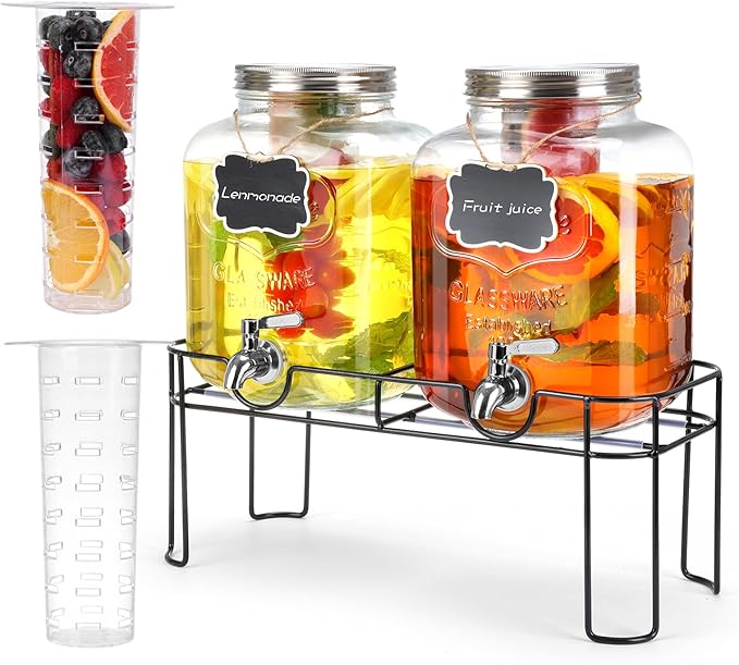 1.6 Gallon Glass Drink dispenser, 2 PCS Beverage Dispenser With Stand, Lemonade Dispenser with Stainless Steel Spigot,Drin...
