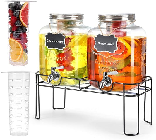 1.6 Gallon Glass Drink dispenser, 2 PCS Beverage Dispenser With Stand, Lemonade Dispenser with Stainless Steel Spigot,Drin...