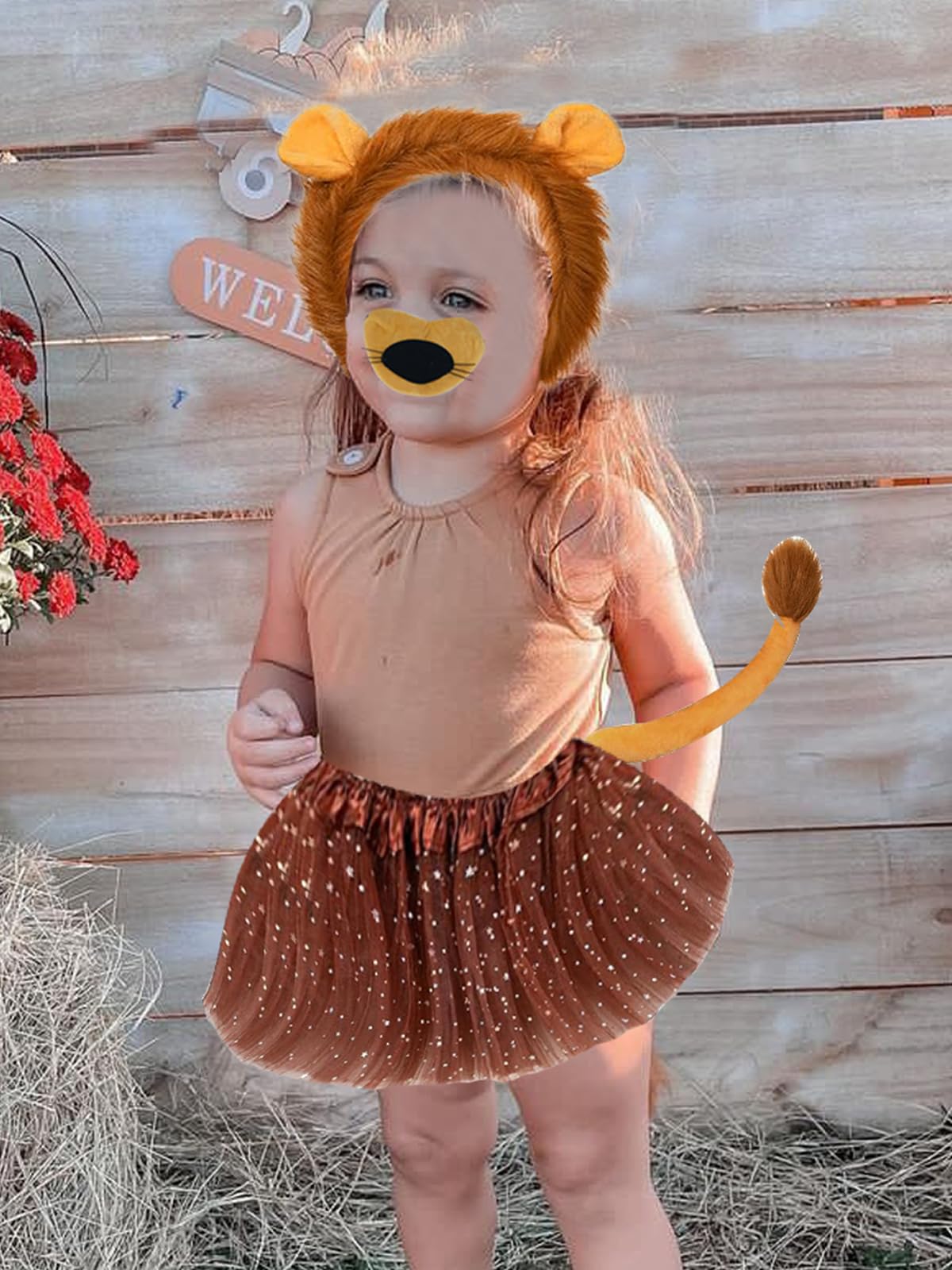Besuante 7 Pcs Animal Lion Costume Set for Girls Ear Headband Tail Bowtie Nose Gloves Tutu Skirt for Halloween Dress Up
