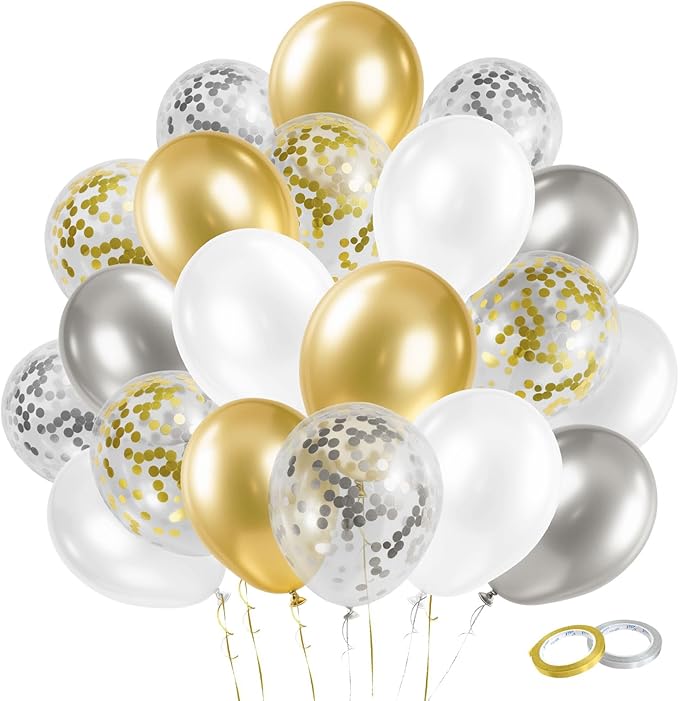 Gender Reveal 60 Pcs Balloons for Birthday Party，12 Inch Gold and Silver Latex Metallic Balloons 12 Inch Gold and Silver C...