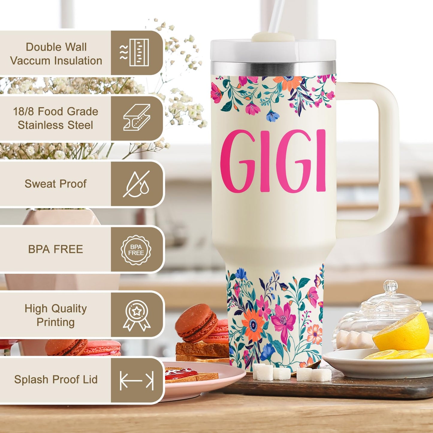 ROSTANTEN Gigi Gifts for Grandma Birthday Gifts for Gigi from Granddaughter Grandchildren Grandkids Grandma Mothers Day Christmas Gift 40oz Travel Cup Insulated Tumbler with Lid & Straw