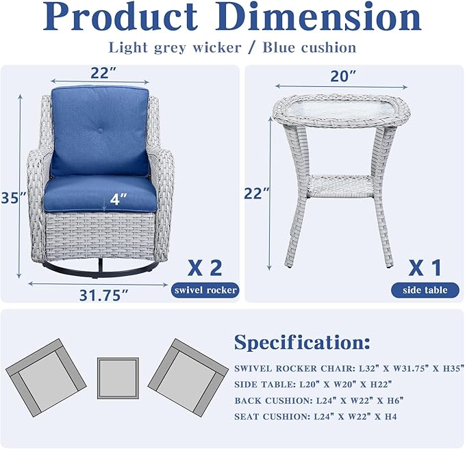Belord Outdoor Swivel Rocker Patio Chairs Set of 3,High Back Swivel Patio Chairs Wicker Furniture Set,2 PCS Rattan Swivel Rocking Chair with Side Table,Light Grey Wicker (A089-2)