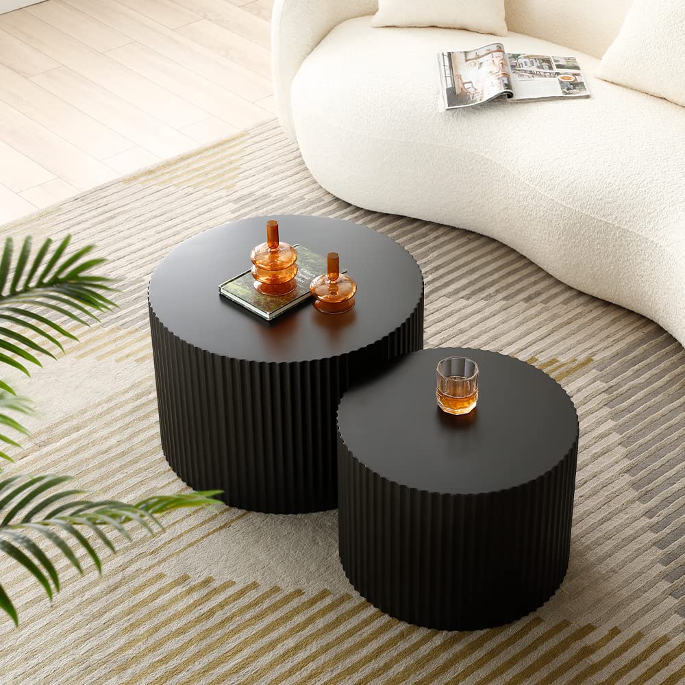 WILLIAMSPACE Black Round Coffee Table Set of 2, Nesting Coffee Tables for Living Room, Modern Wooden Side Tables Accent End Table for Apartment, No Need Assembly (Black-Round)