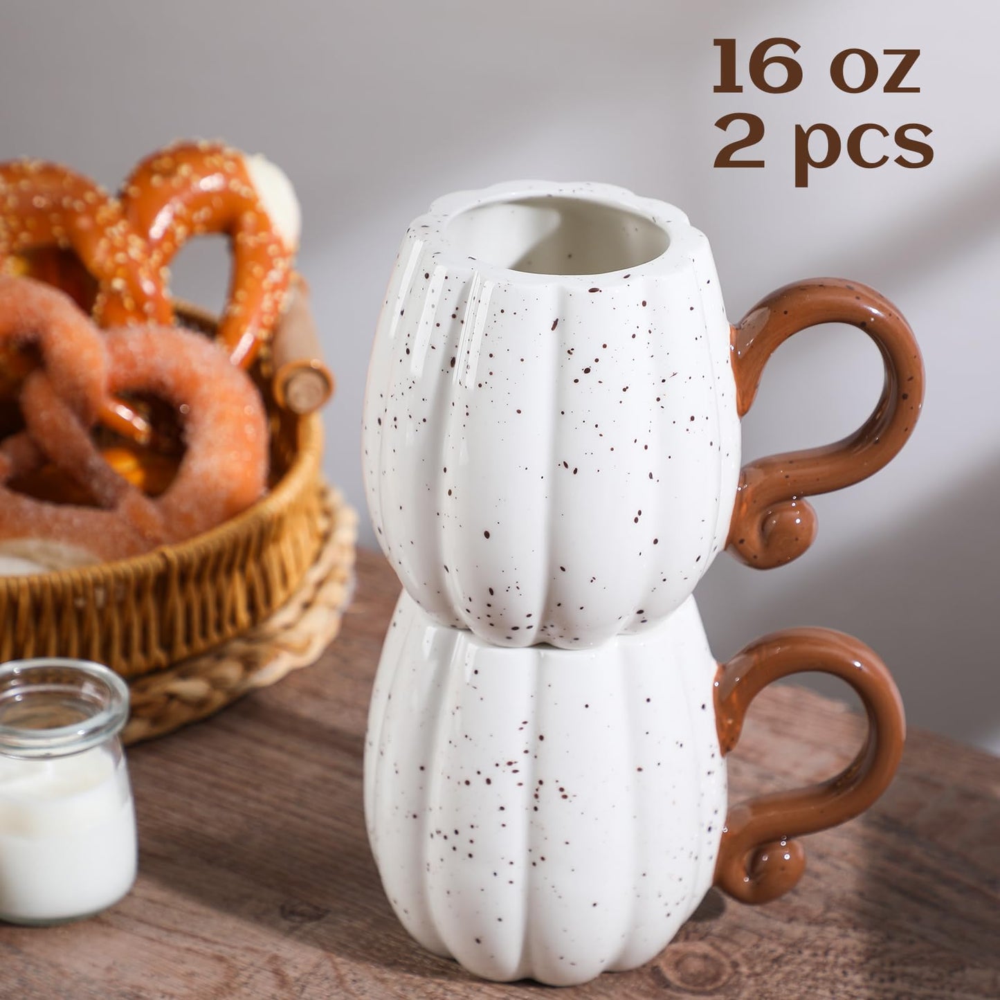 RimCereal 2 Pcs Fall Pumpkin Cup Ceramic Coffee Mugs 16 oz Thanksgiving Funny Tea Mug Autumn Halloween Birthday Gifts Decoration Food Theme for Family or Friend (White)