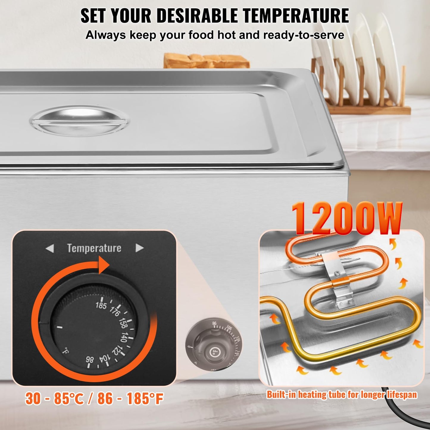 VEVOR Commercial Food Warmer, 1 Pan 24QT Electric Steam Table, 1200W Professional Countertop Stainless Steel Buffet Bain Marie with 86-185°F Temp Control for Catering and Restaurants, Silver