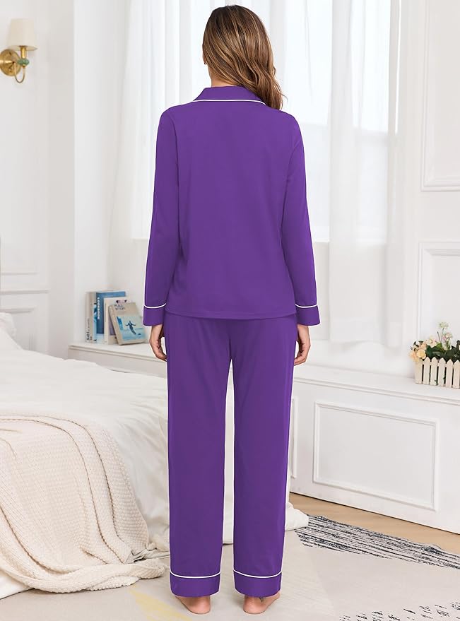 Veseacky 100% Cotton Pajamas for Women Set Long Sleeve Button Down Sleepwear Soft Pjs Lounge Sets with Pockets XS-XXL