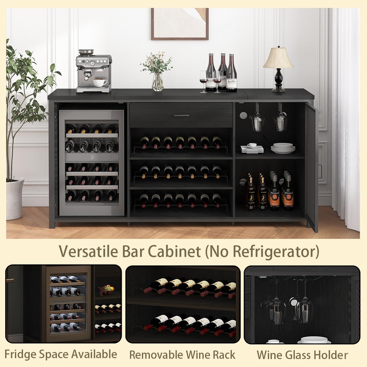 LVB Long Coffee Bar Cabinet with Fridge Space, Modern Wood Metal Large Wine Liquor Cabinet with Rack, Big Wide Sideboard Buffet Cabinet with Drawer Storage for Kitchen Dining Room, Black Oak, 70 Inch