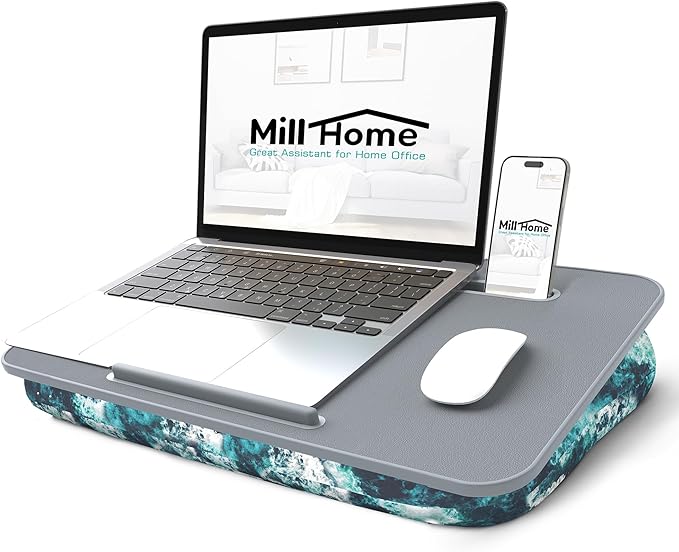 Millhome Lap Desk | Portable Laptop Desk – Fits Up to 15.6" Laptops –Detachable & Washable, Phone Holder, Device Ledge – for Writing, Working, Reading on Bed, Couch, Sofa, Floor – Blue Waves (Small)