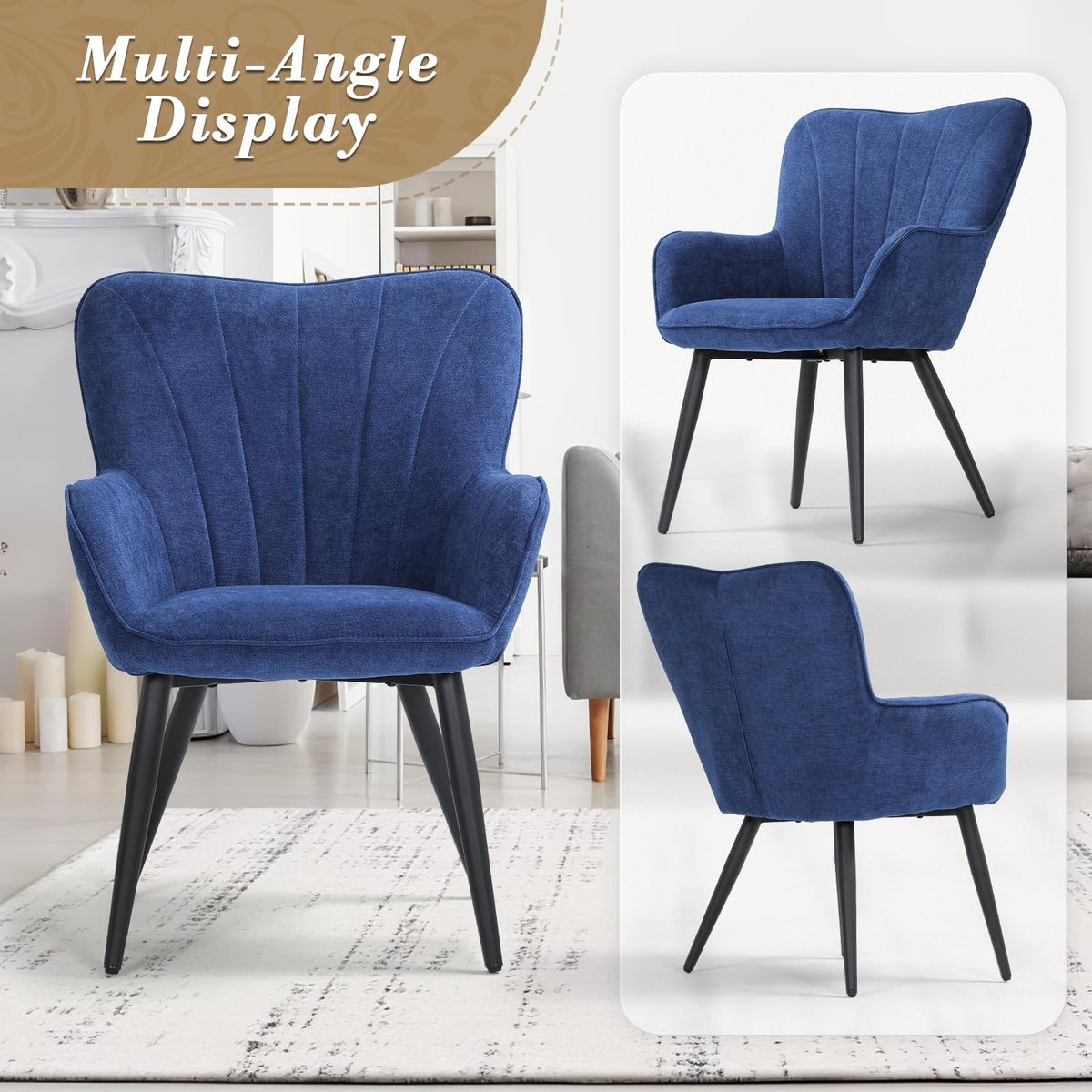 Athena Collection Wingback Accent Chair for Living Room, Upholstered Arm Reading Chair for Adults, Cozy Linen Fabric Armchair with Metal Legs for Bedroom, Makeup, Office, Blue