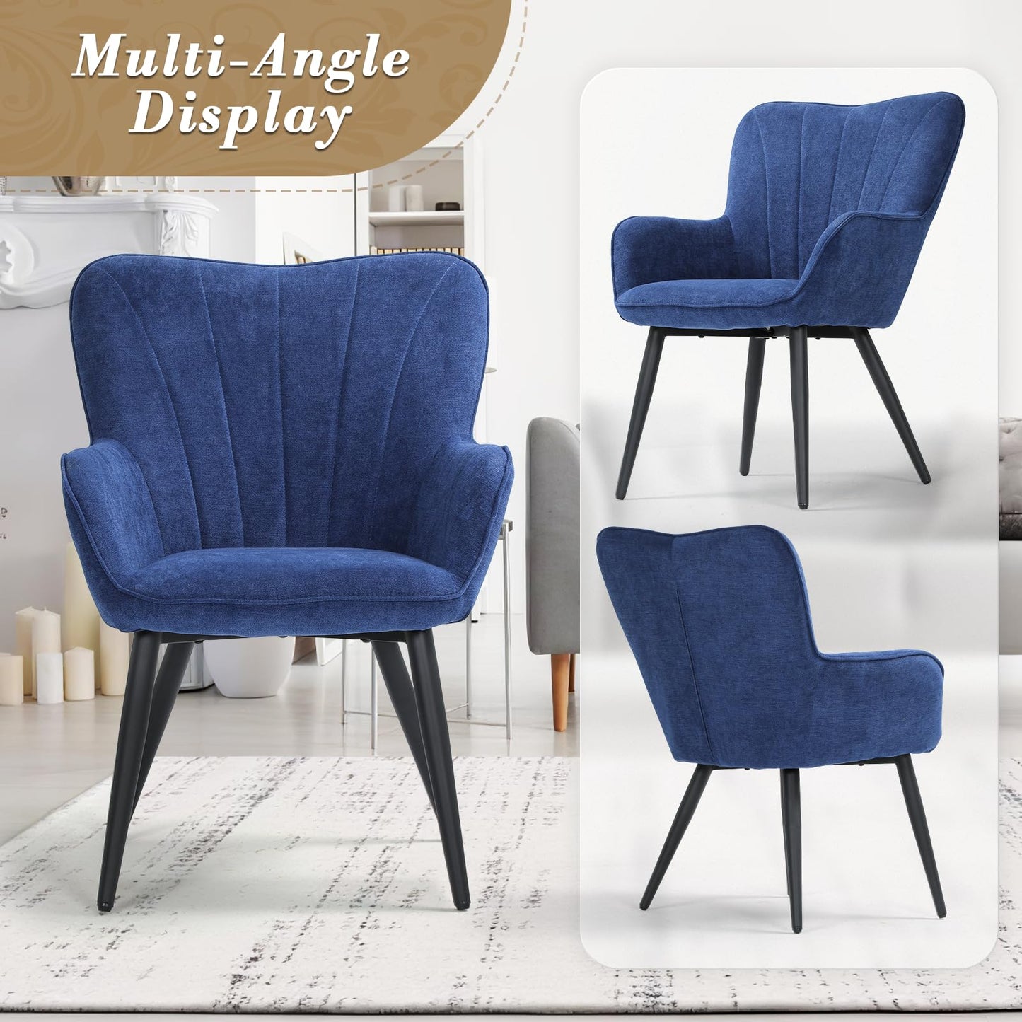 Athena Collection Wingback Accent Chair for Living Room, Upholstered Arm Reading Chair for Adults, Cozy Linen Fabric Armchair with Metal Legs for Bedroom, Makeup, Office, Blue
