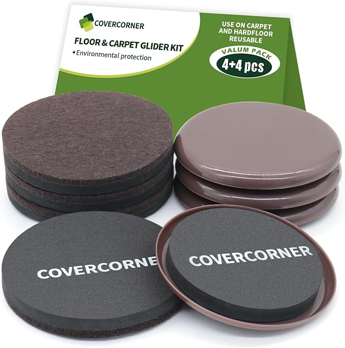 COVERCORNER Furniture Sliders for Hardwood Floors, Furniture Sliders for Carpeted Floors, 8 PCS 3 1/2 inch Combo Pack, Sliders for Moving Furniture, Furniture Movers Sliders-Brown