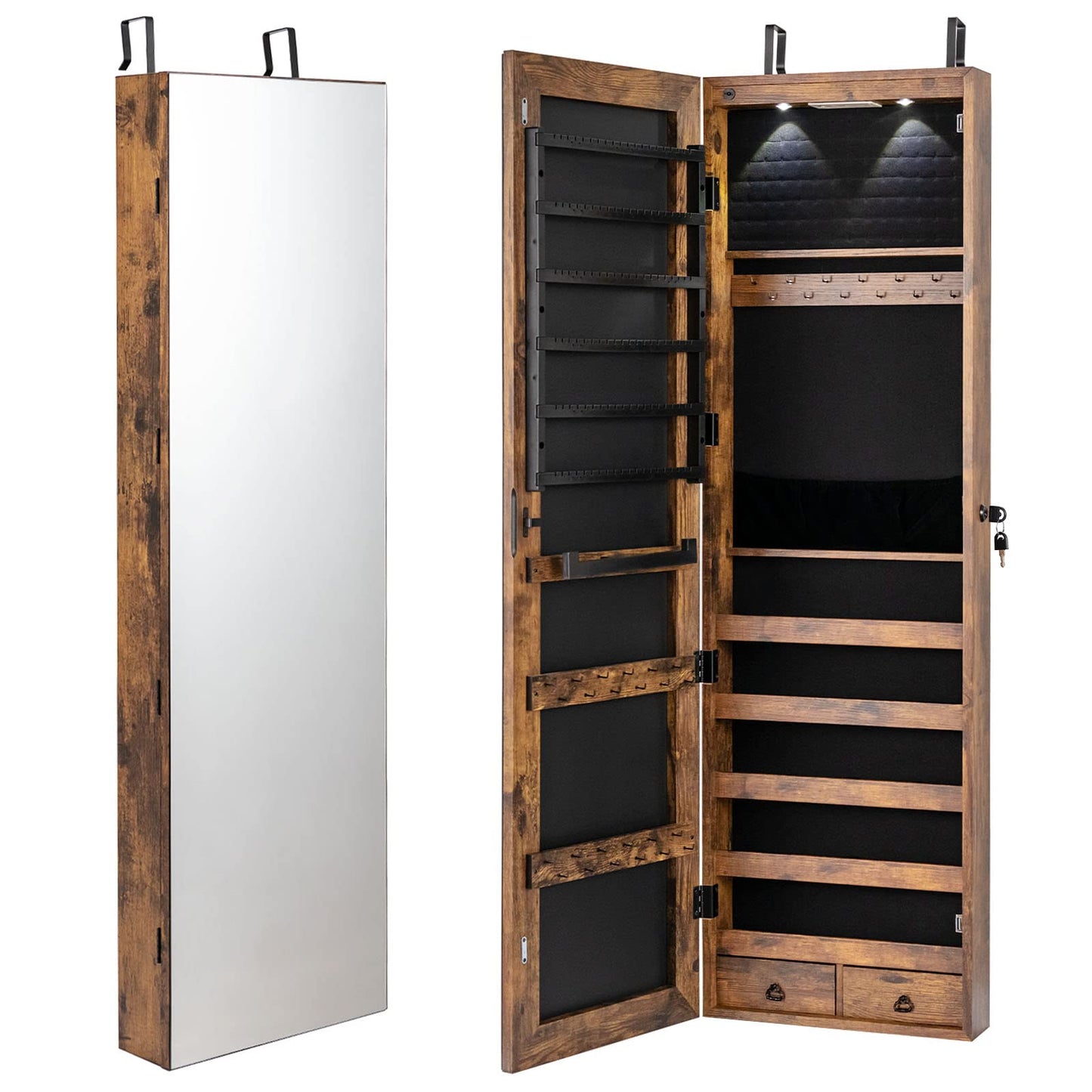 MAT EXPERT Jewelry Armoire, Wall Door Mounted Hanging Jewelry Organizer w/Full-length Mirror, 2 LED Lights and 2 Drawers, Lockable Large Storage Mirror Jewelry Cabinet for Bedroom (Brown)
