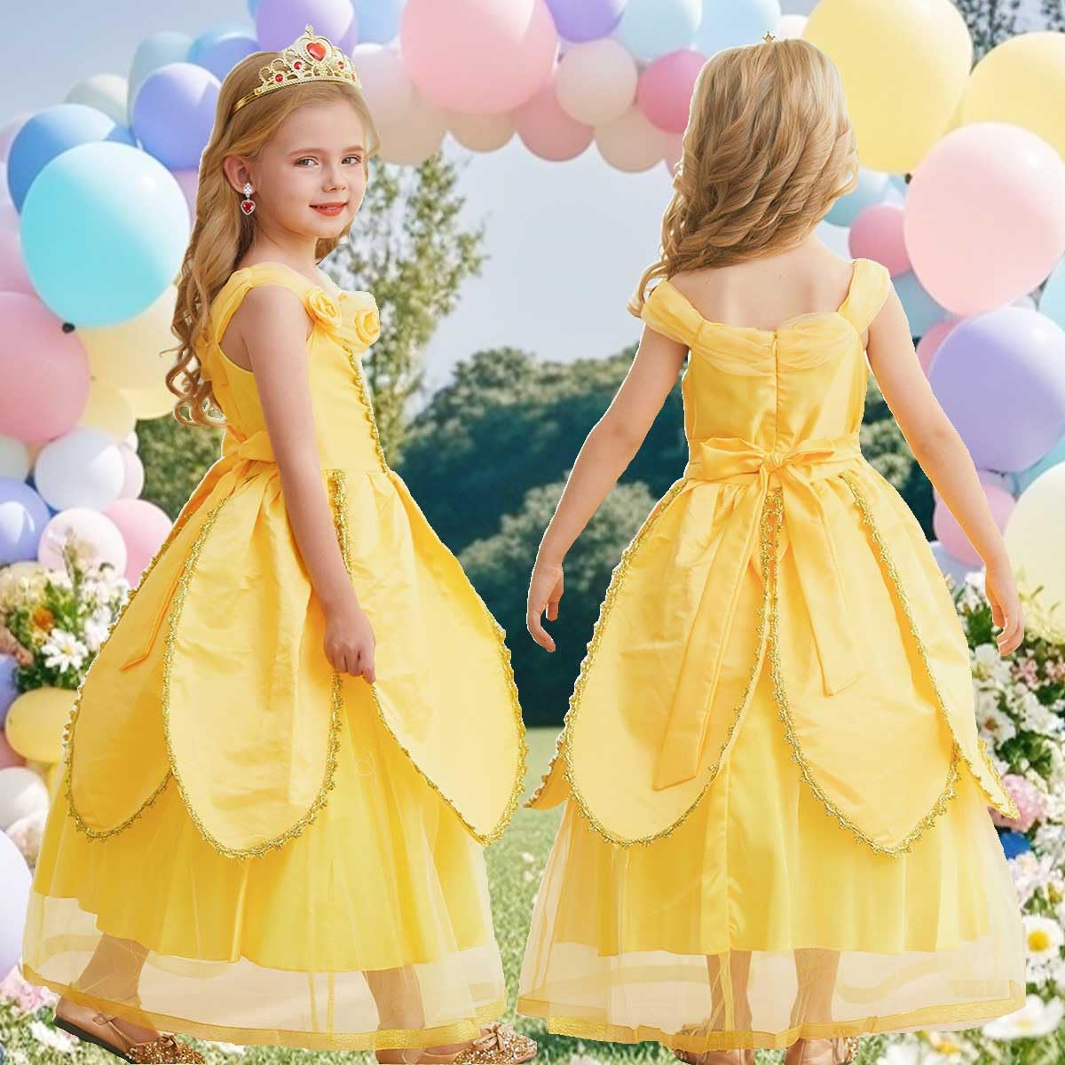 iTVTi Princess Belle Dress up Costume for Girls Yellow Dresses Halloween Cosplay Birthday Outfit with Accessories, Yellow, 5-6 Years(Tag 130)