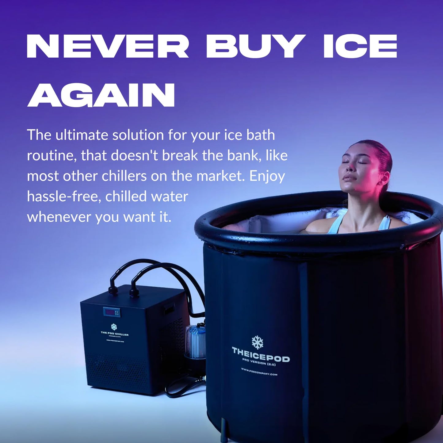 The Pod Company Long Pod 126 Gal Cold Plunge Tub + 1/3 HP Water Chiller Bundle, Extra-Large Ice Bath, 41°F Ice-Free Cooling System, Fits Up to 6'9"