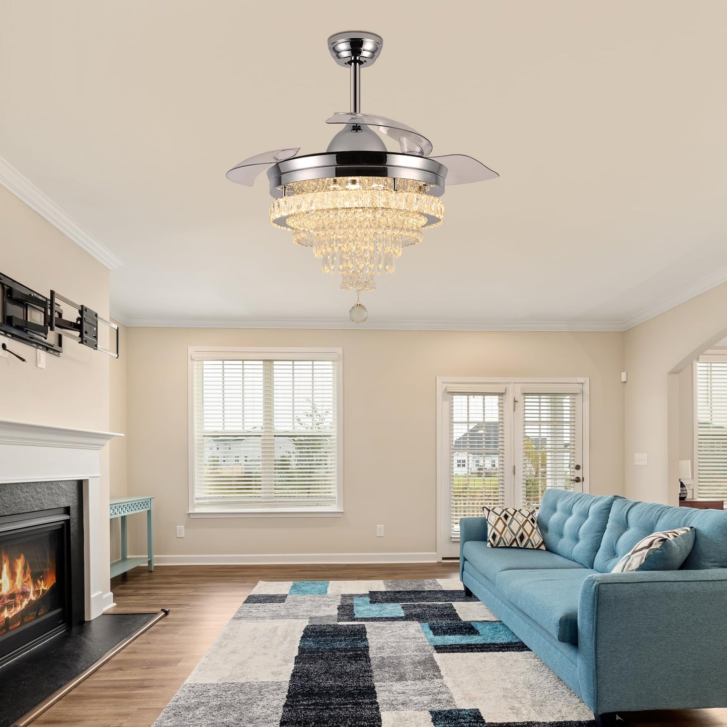 LEONTYNE 42" Modern Crystal Chandelier Ceiling Fan with Light & Remote,Dimmable LED Fandelier for Bedroom Living Room,3 Color Temperatures,6 Speeds,Retractable Blades,Timing & Memory Function