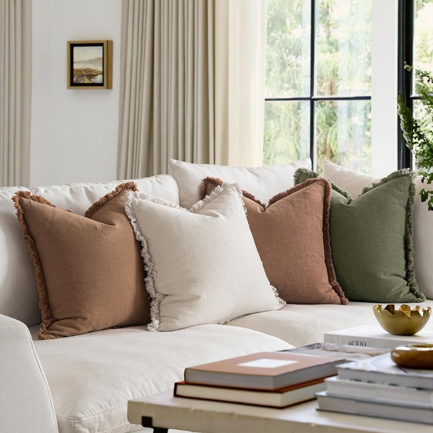 MIULEE Decorative Couch Pillow Covers Neutral Linen Fringe Throw Pillows Set of 4 Soft Rustic Cushions Boho Farmhouse Pillowcases for Bed Sofa Living Room Home Decor 18x18 Inch Beige/Brown/Green