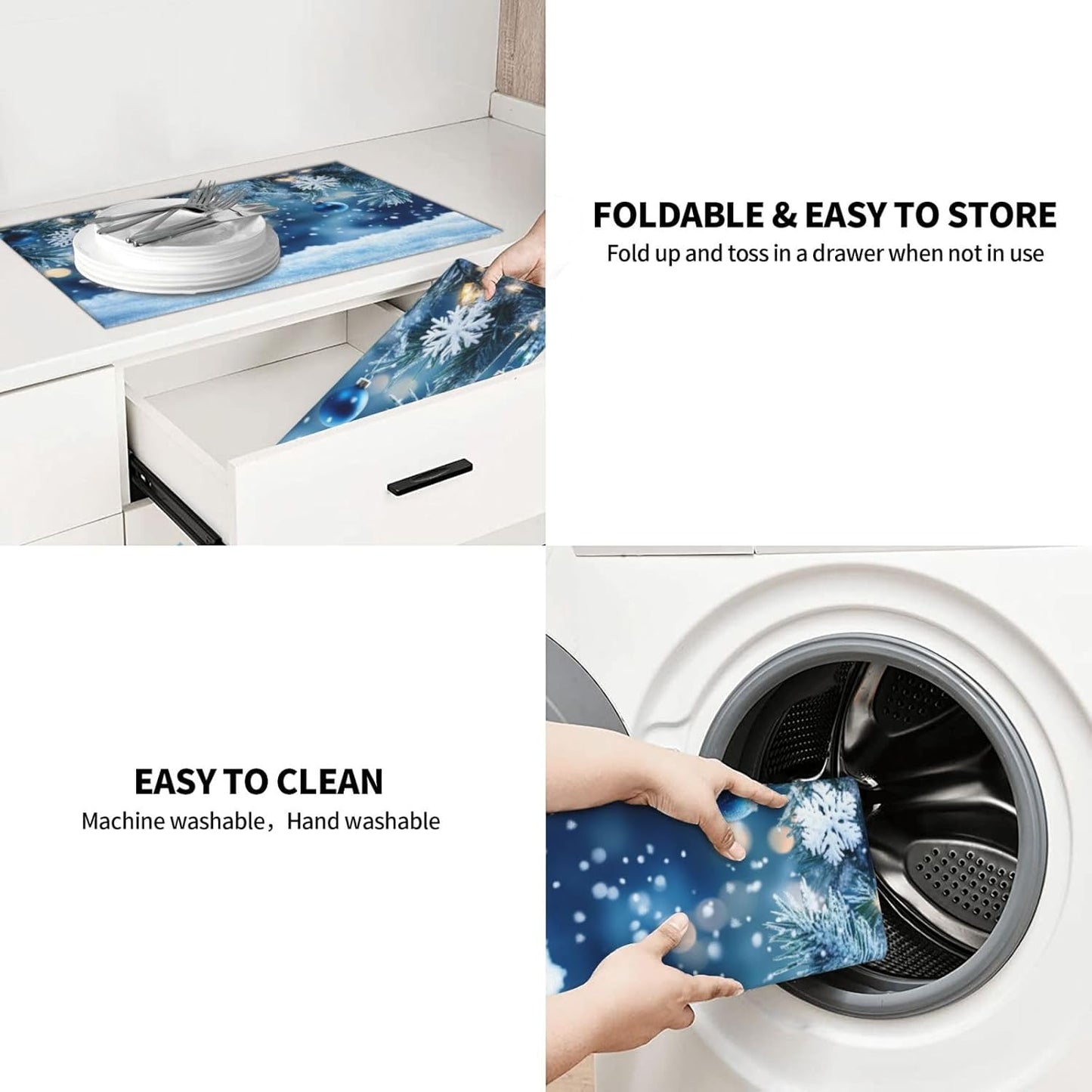 Dish Drying Mat Christmas Blue Ball Snowflake Absorbent Microfiber Non Slip Quick Dry Heat Resistant Holiday Decorative Kitchen Counter Mat for Plates Cups Glasses 18x24 Inch