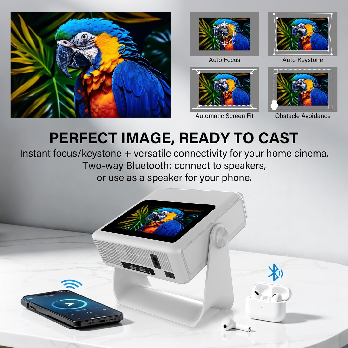 Smart Projector with WiFi and Bluetooth, 4K Supported Native 1080P Portable Outdoor Projector, Dual-Screen Sync Built-in Touchscreen Home Theater Gaming Projector for Bedroom Backyard Movie Night