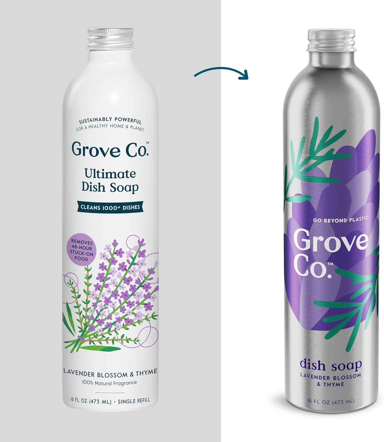 Grove Co. Ultimate Dish Soap Refills (3 x 16 Fl Oz) + Refillable Glass Dish Soap Dispenser for Kitchen Sink with Non-Slip Silicone Sleeve, Plastic Free Cleaning Products, Lavender Blossom & Thyme