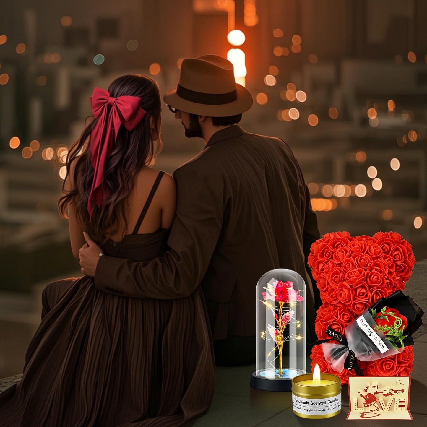 Jibeufi 6 in 1 Romantic Gifts for Her, Flower Rose Bear Birthday Gifts for Girlfriend Women Mom Kids Daughter, Wedding Gifts, Teddy Bear for Women (Rose Red)