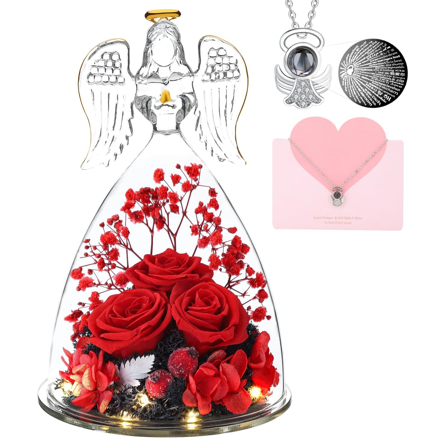 ANWEAO Mom Birthday Gifts,Flowers for Delivery Prime,Preserved Three Red Rose with Lights,Preserved Flowers Rose in Glass Angel Figurines,Angel Gifts for Women Grandma Mom Wife Sister Her Friend