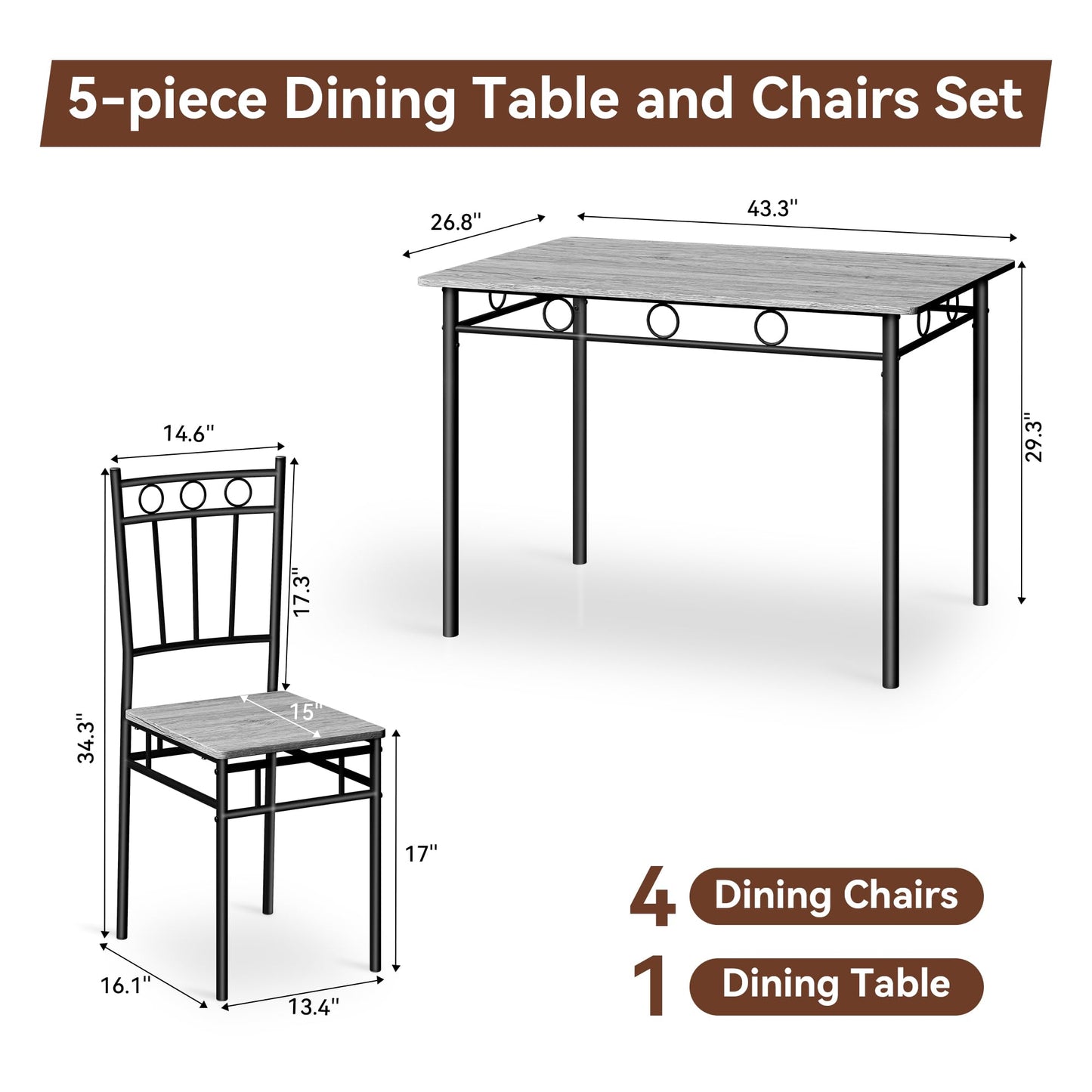 Vipbear Kitchen Dining Table Set for 4, 5-Piece Kitchen Table Set,Dining Room Table Sets,Rectangular Kitchen Table Set with 4 Chairs for Small Space, Dinette,Apartment,Rustic Grey