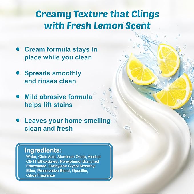 The Lemon Fix Cream Cleaner, Bathroom Cleaner and Multipurpose Cleaning Supplies for Kitchen, Tile, Oven, Shower, Floors, Cuts Grease and Grime, Gentle Formula, Made in USA, Lemon, 16oz, 2 Pack