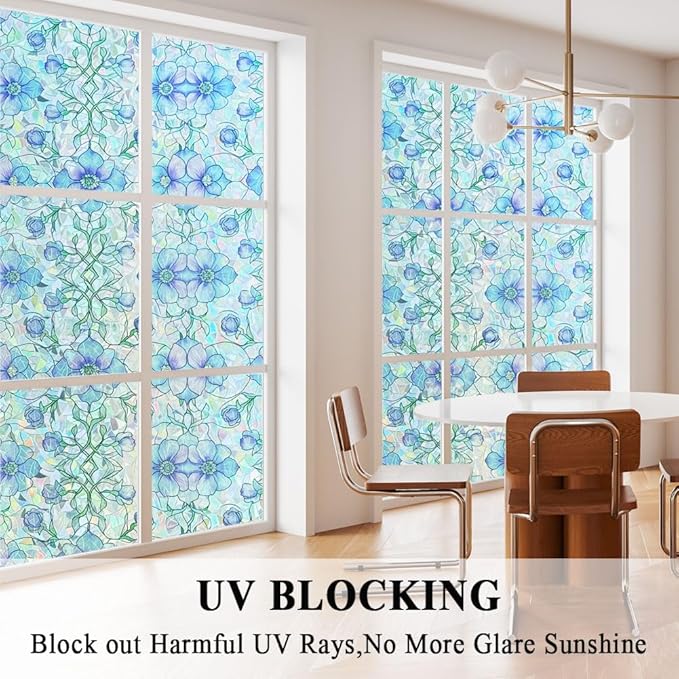 Etched Window Privacy Film Blue Purple Floral Sliding Glass Door Tint No Glue Static Cling Decals 3D Rainbow Decorative Covers Iridescent Anti UV Removal DIY Home Office,17.5X78.7in.