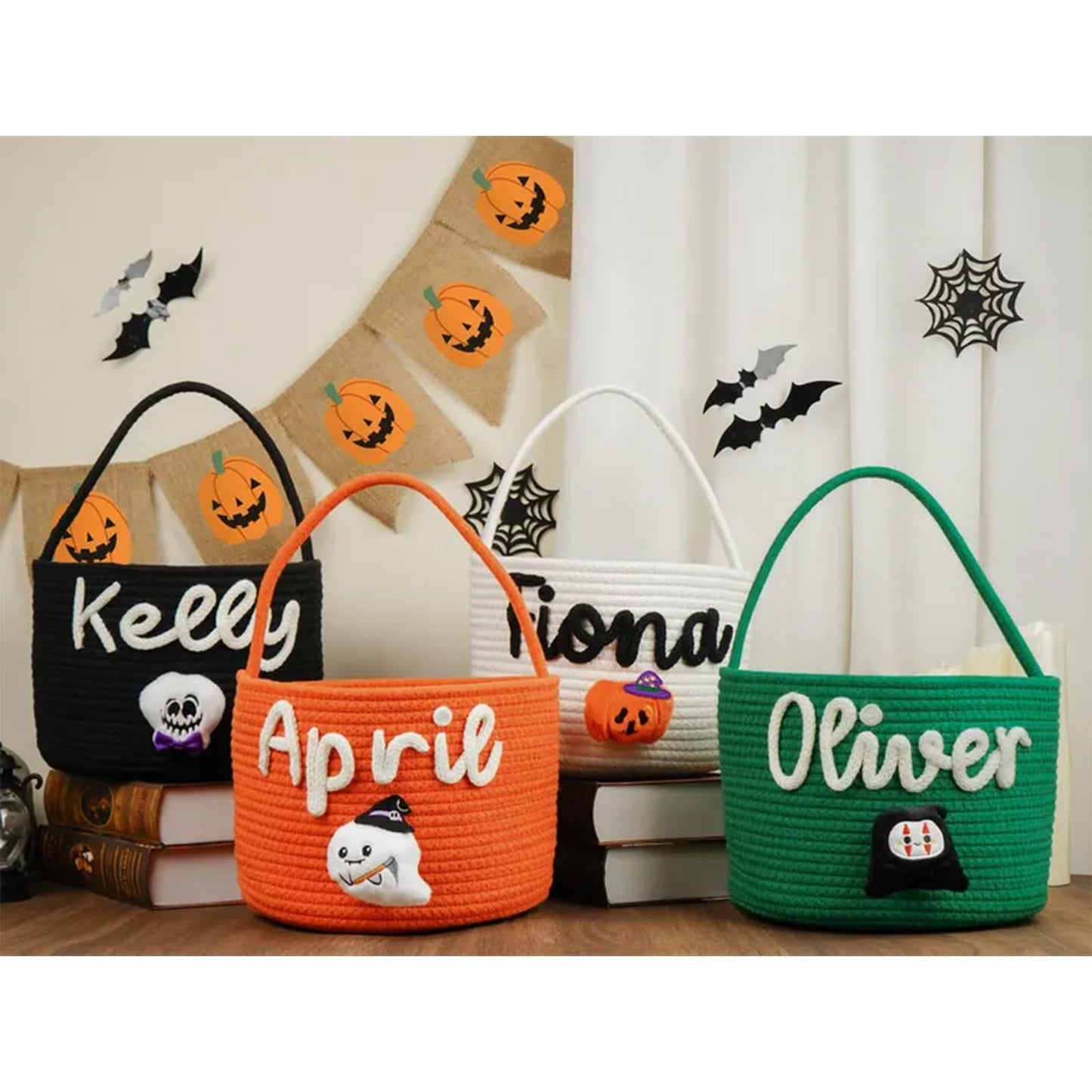 Personalized Halloween Basket for Kids Custom Trick or Treat Bag with Name, Handmade Candy Tote, Embroidered Pumpkin or Ghost Bucket Ideal Halloween Gift or Costume Accessory