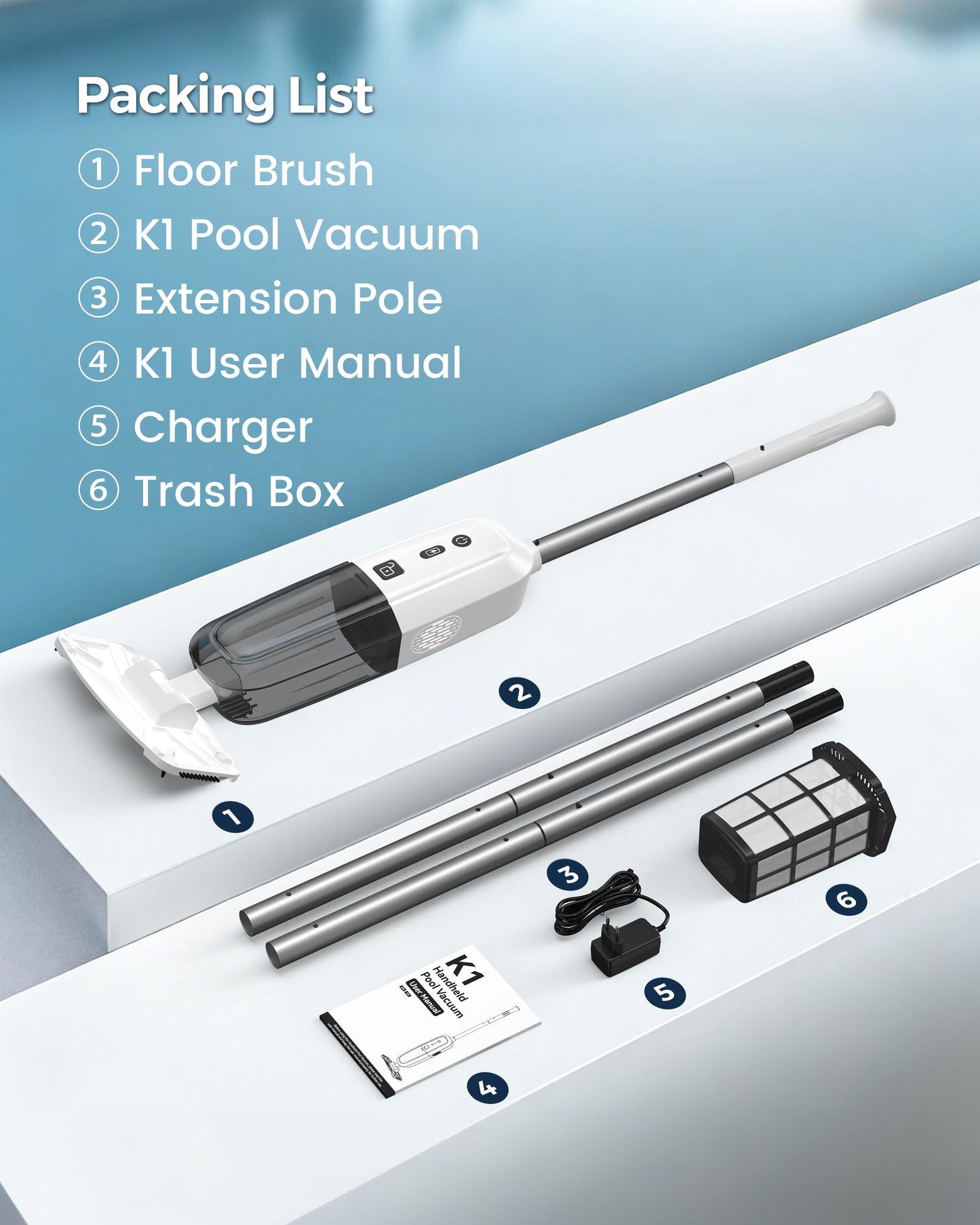 K1 Handheld Pool Vacuum,Pool Vacuum for Above Ground Pool,Rechargeable Pool Cleaner with Extention Pole,16.8GPM,70 Mins Runtime,Above Ground Pool Vacuum for Inground Pools, Spas, Hot Tubs,White