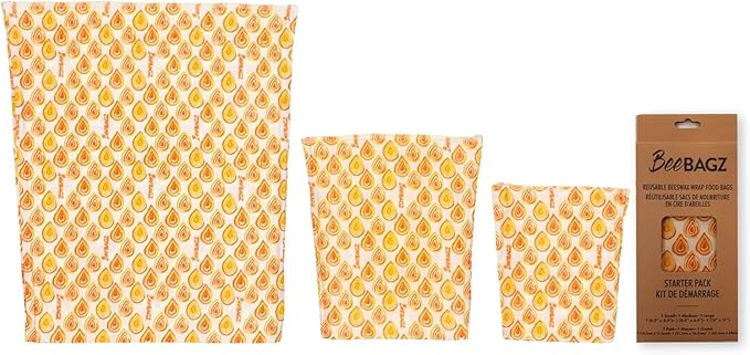 BeeBAGZ - Beeswax Wrap Storage Bag, Reusable Food Storage Bags, Pack of 3, Plastic Free Biodegradable Food Wrap Alternative, Starter Pack, 1 Small + 1 Medium + 1 Large, (Orange)