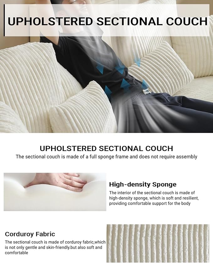 110" Cloud Sectional Couch, Modular Sectional Sofa with Deep Seat, Corduroy Upholstered Boneless Couch for Living Room Bedroom, Left Facing Chaise (Beige, 110" Left Facing Chaise)