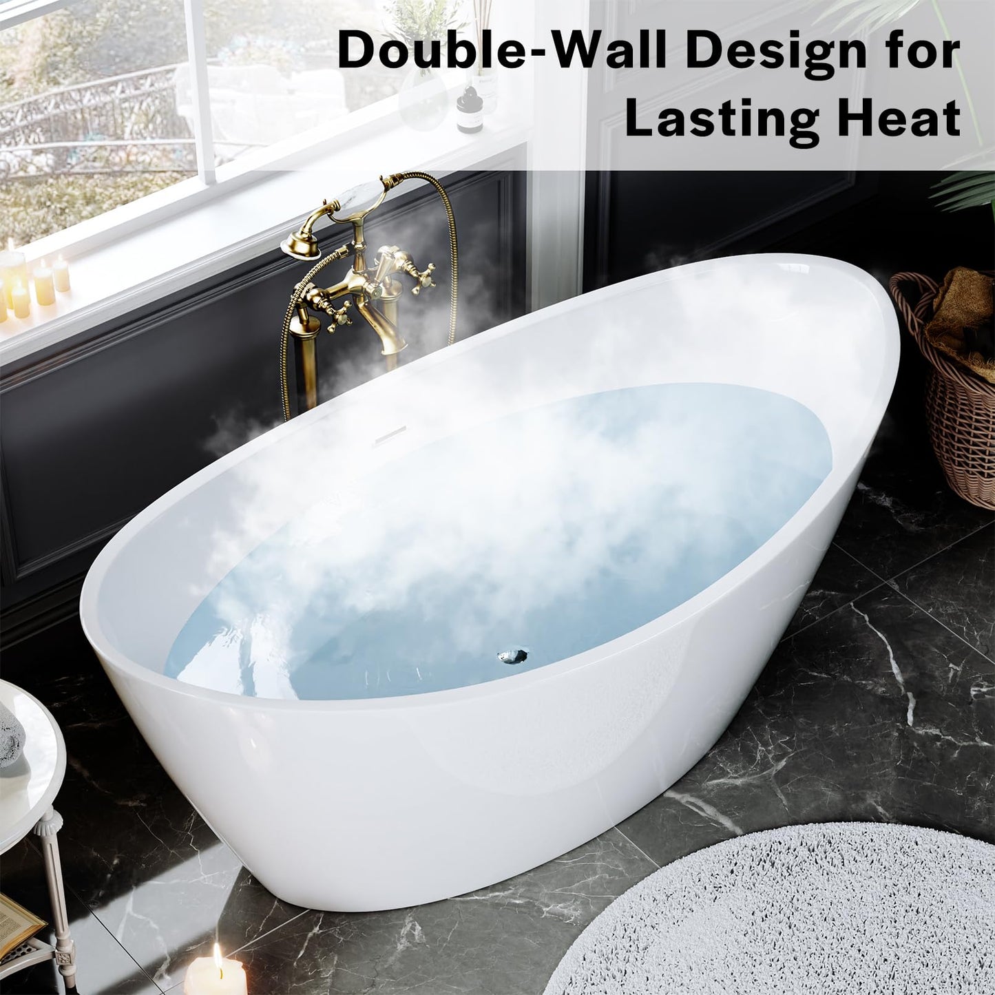 Empava Bathtub, 67" Soaking Tub, Acrylic Free Standing Tub with Center Drain and Overflow, Contemporary Design Bathtub for Bathroom, cUPC Certified, Glossy White