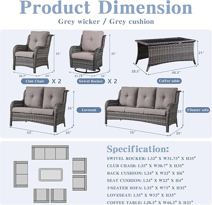 Belord Outdoor Wicker Furniture Patio Set - 7 Piece Backyard Furniture Grey Rattan Conversation Sets with Swivel Rocker Chairs, Rattan Sofa, Club Chairs and Coffee Table, Grey Cushion