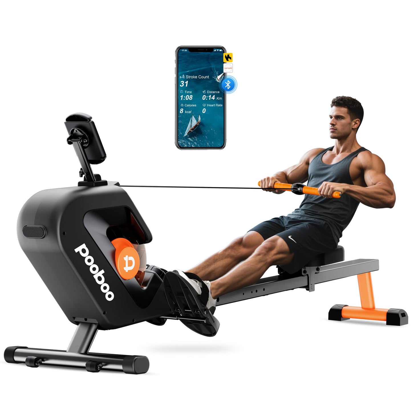 pooboo Rowing Machine, Max 350 LBS Magnetic Rower with LCD Monitor, Tablet Holder, Upgraded Rowing Machines for Home use (Orange)