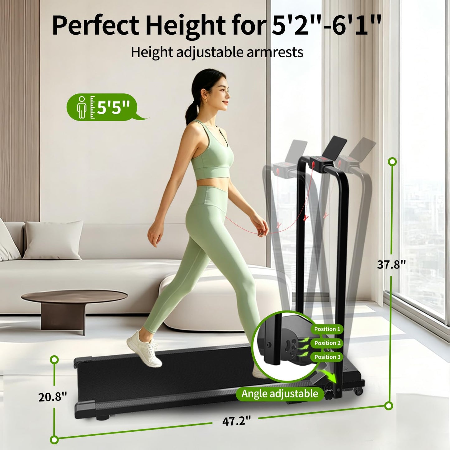 Walking Pad Treadmill for Home, with Handle Bar and Adjustable Incline, Quiet Anti-Slip Portable Foldable Under Desk Treadmill, LED Monitor & Safety Key, 40"x16" Spacious Running Belt