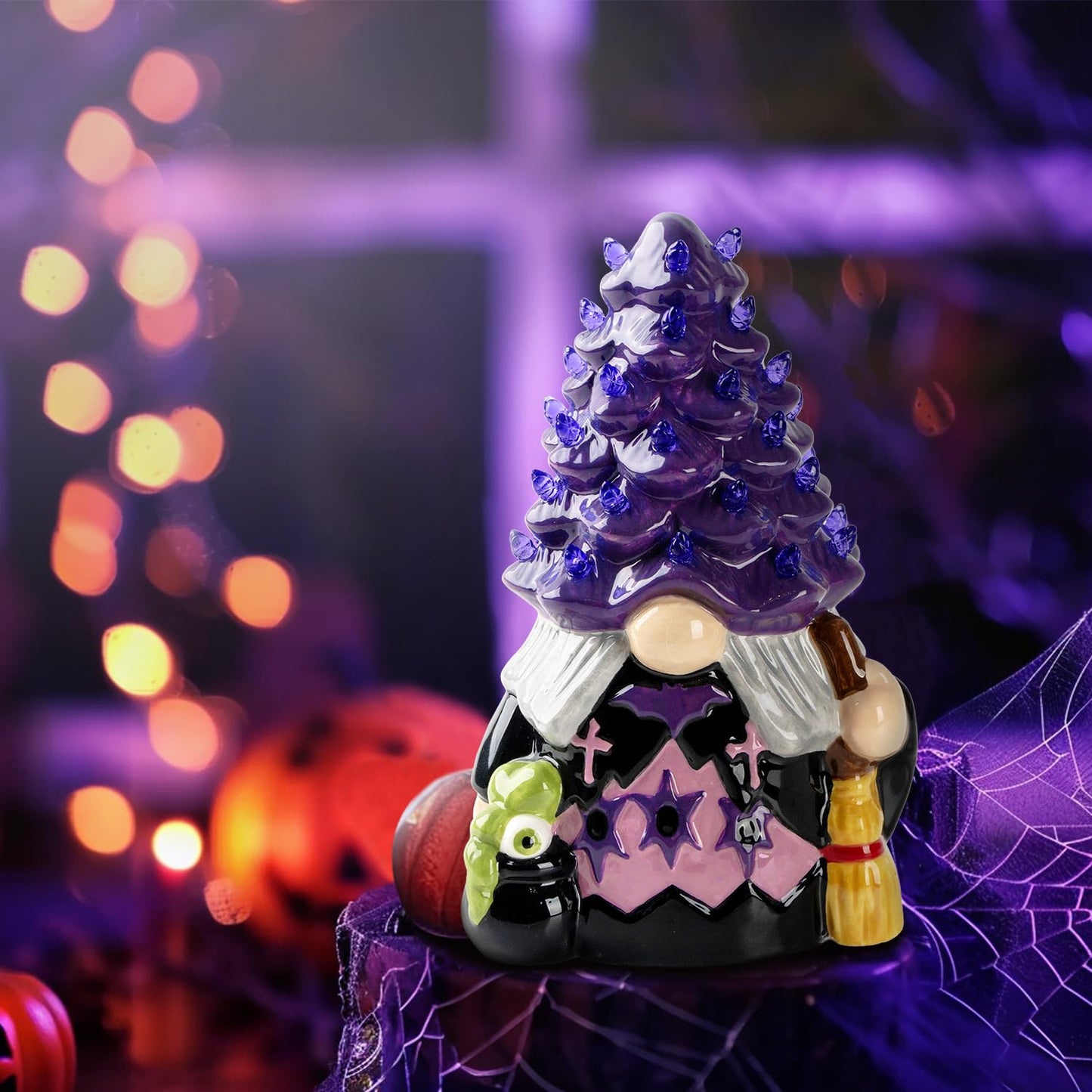 AlevaHive Ceramic Gnome Halloween Decorations - Witches Gnome Ceramic Tree Lighted - Black Decor Bedroom Indoor, Halloween Centerpieces for Table Decor