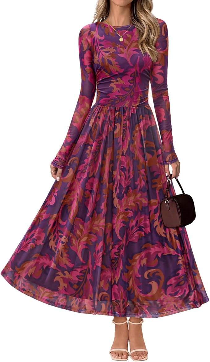 MEROKEETY Women's Long Sleeve Spring Wedding Guest Dress 2026 Crewneck Floral Flowy Mesh Cocktail Maxi Dresses