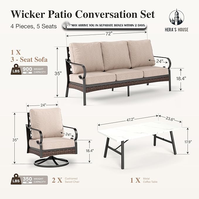 HERA'S HOUSE 4 Piece Metal Patio Furniture Set, All Weather Outdoor Conversation Set with 3 Seat Sofa, 2 Swivel Chairs & Coffee Table, Seats 5 for Backyard, Garden, Deck, Beige