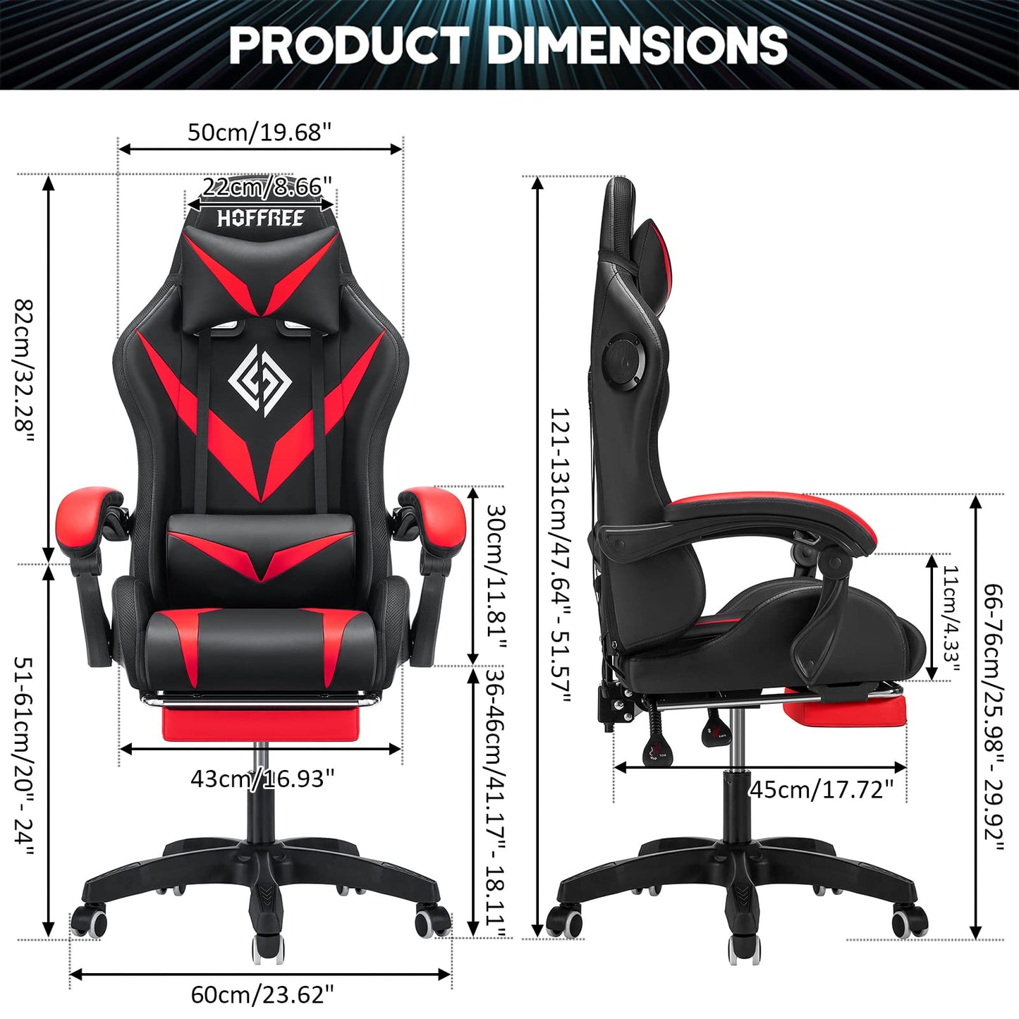 Gaming Chair with Speakers and LED Lights Ergonomic Computer Chair with Massage and Footrest Reclining Video Game Chair for Adults with Adjustable Lumbar Support Red and Black