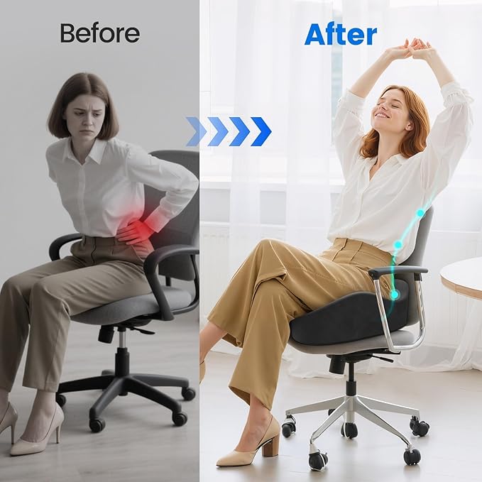 SofterCharm Seat Cushion with Carry Handle, Memory Foam for Tailbone/Sciatica Easing, Chair Cushions for Cars, Desks, Office Chair Cushion with Non-Slip Design, Ideal for Post-Surgery Recovery (Grey)