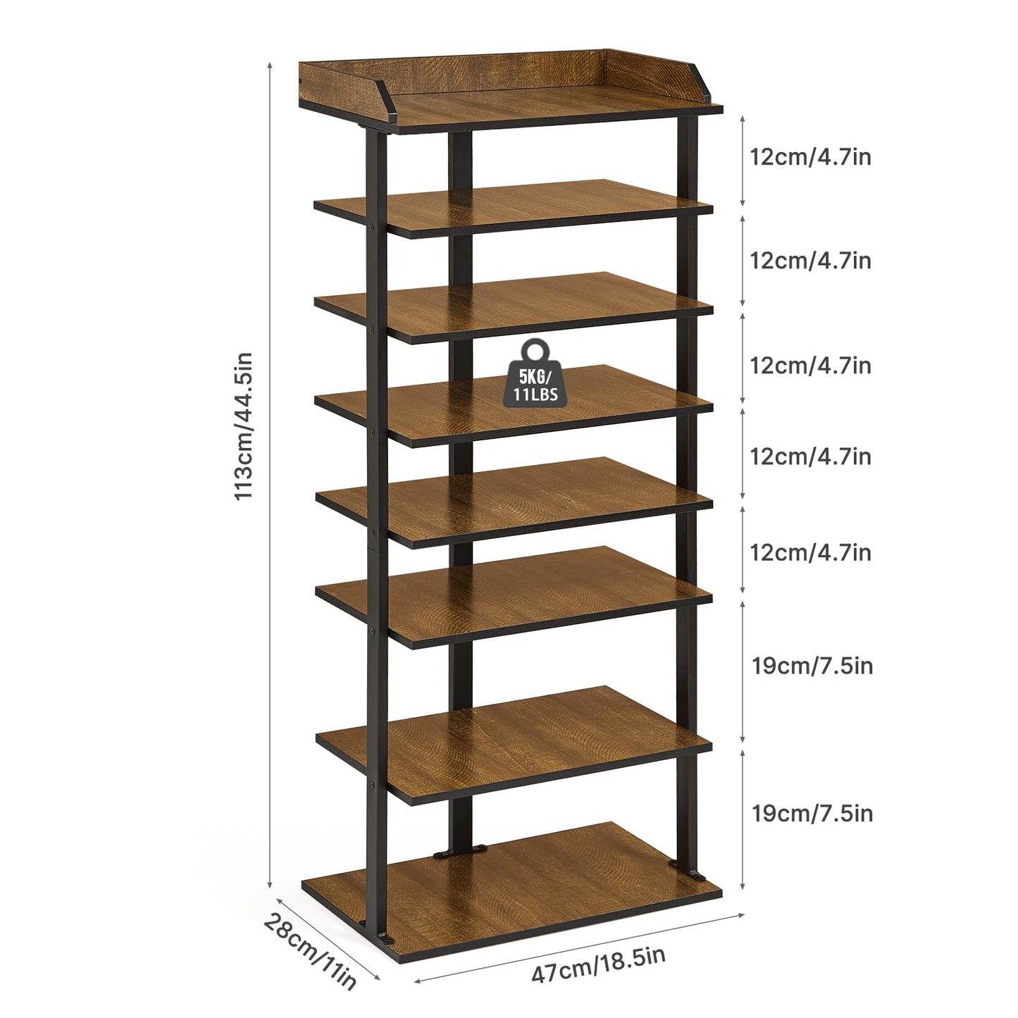 Mondeer Free Standing Shoe Rack, 8 Tier Narrow Tall Organizer Shelf for 8 Pairs in Small Space Entryway Hallway, Industrial Style Wooden Metal (Rustic Brown) (11" D x 18.5" W x 44.5" H)