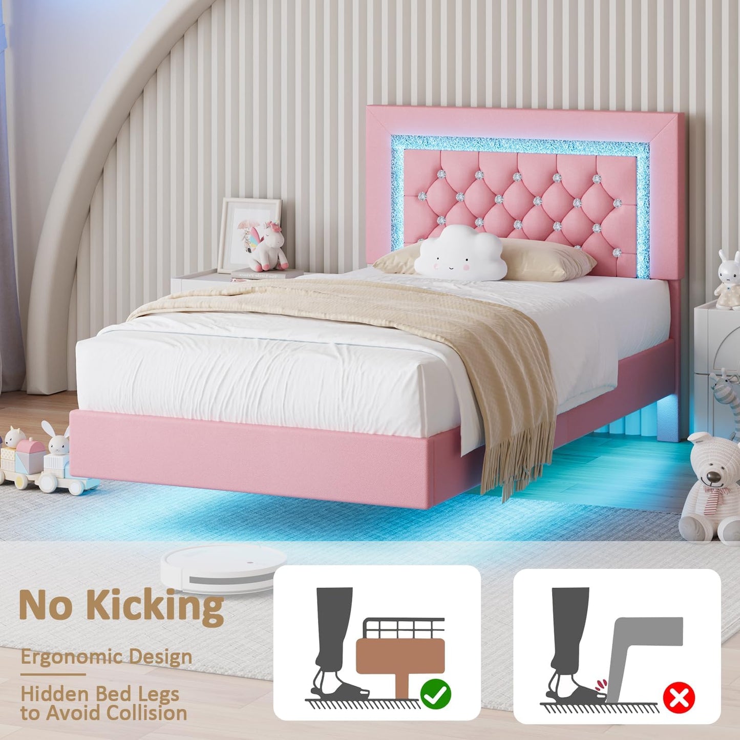 Pink Floating Bed Frame Twin with LED Lights, Upholstered Platform Bed with Diamond Tufted Headboard, No Box Spring Needed, Noise Free, Easy Assembly