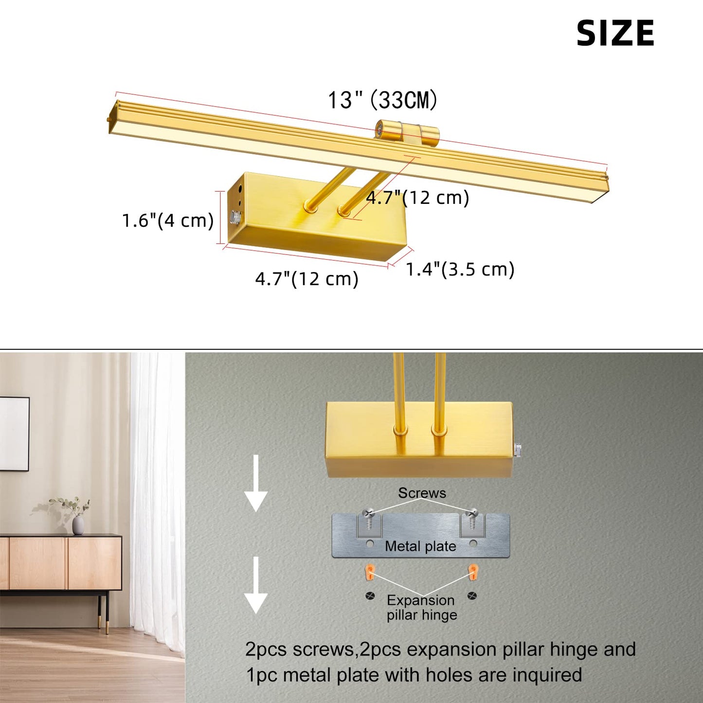FUNCHDAY Picture Light,Battery Art Lights for Wall,Wireless Remote Painting Light with Timer and Dimmable,13”Metal Display Lighting for Artwork,Portrait,Gallery(Brass)