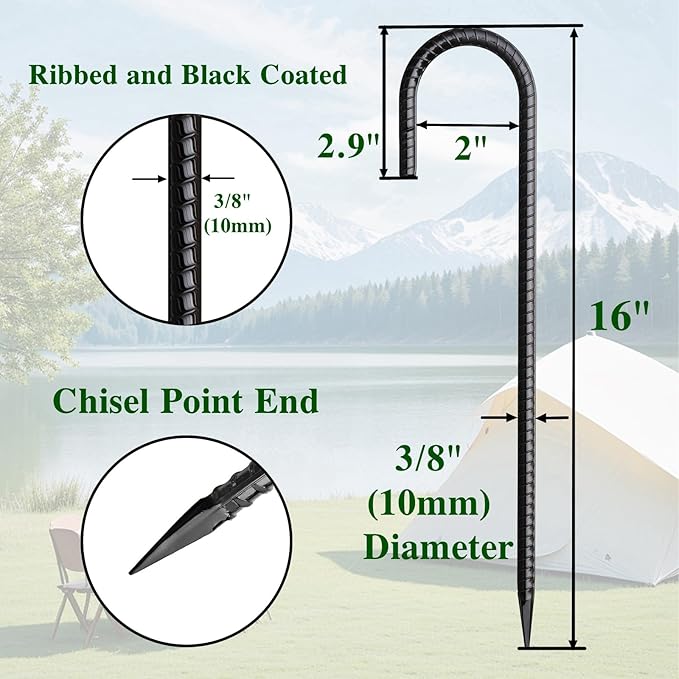 MSWY Rebar Stakes 16 Inch 20 Pack J Hook Ground Stakes Heavy Duty Tent Stakes Chain Link Fence Stakes with Chisel Point End Galvanized Steel Ground Anchors Metal Spikes Black Coated