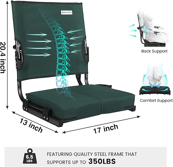 behairity Portable Stadium Seat for Bleachers with Back Support, Wide Padded Bleacher Chair with High Back and Thick Cushion for Adults, Folding Stadium Chair for Football Sports Events (Green)