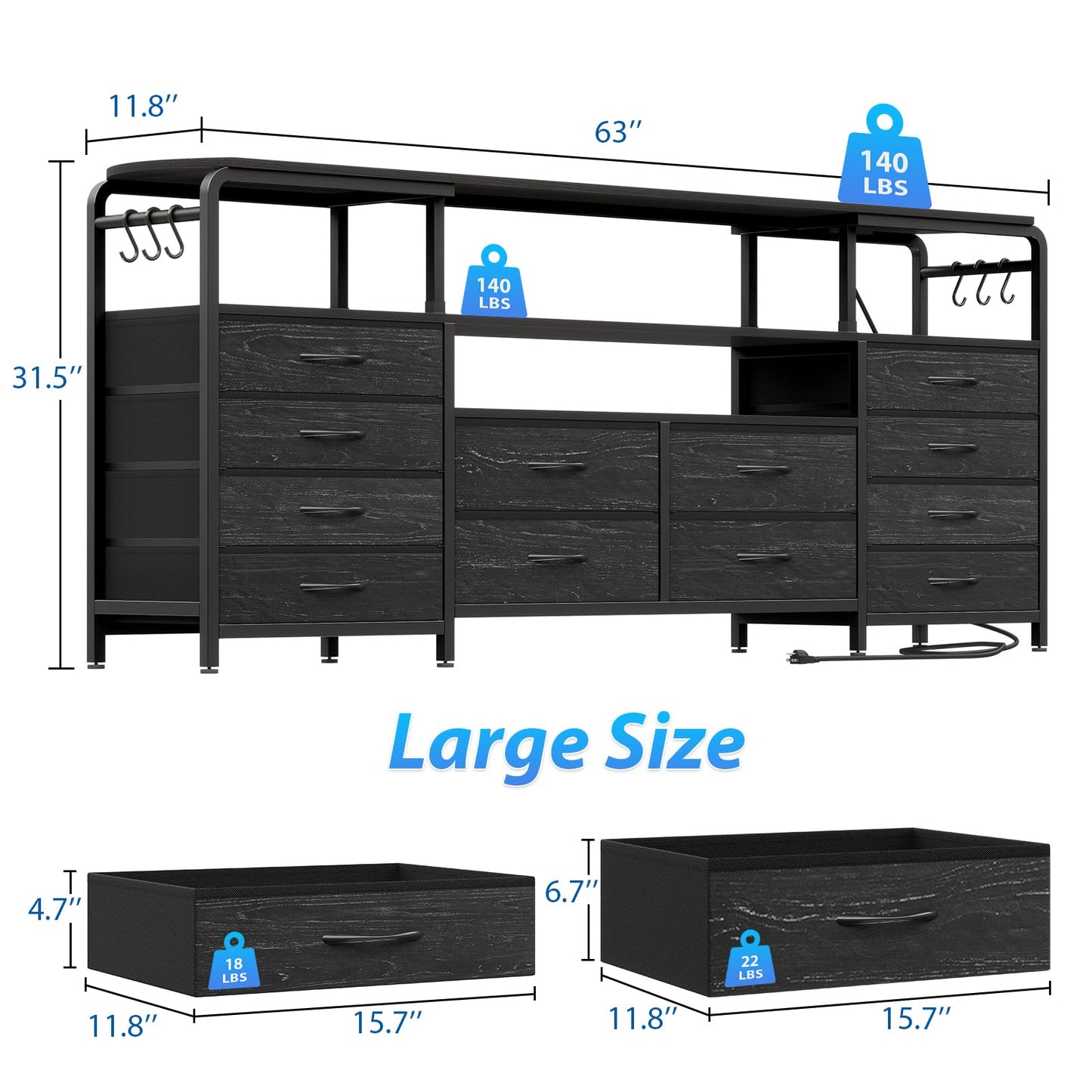 Dnxao 63 inch TV Stand Dresser for Bedroom - Black TV Stand with 12 Drawers, LED Lights & Charging Station | Dresser TV Stand with Storage, Open Shelves | Fits 55-70" TVs