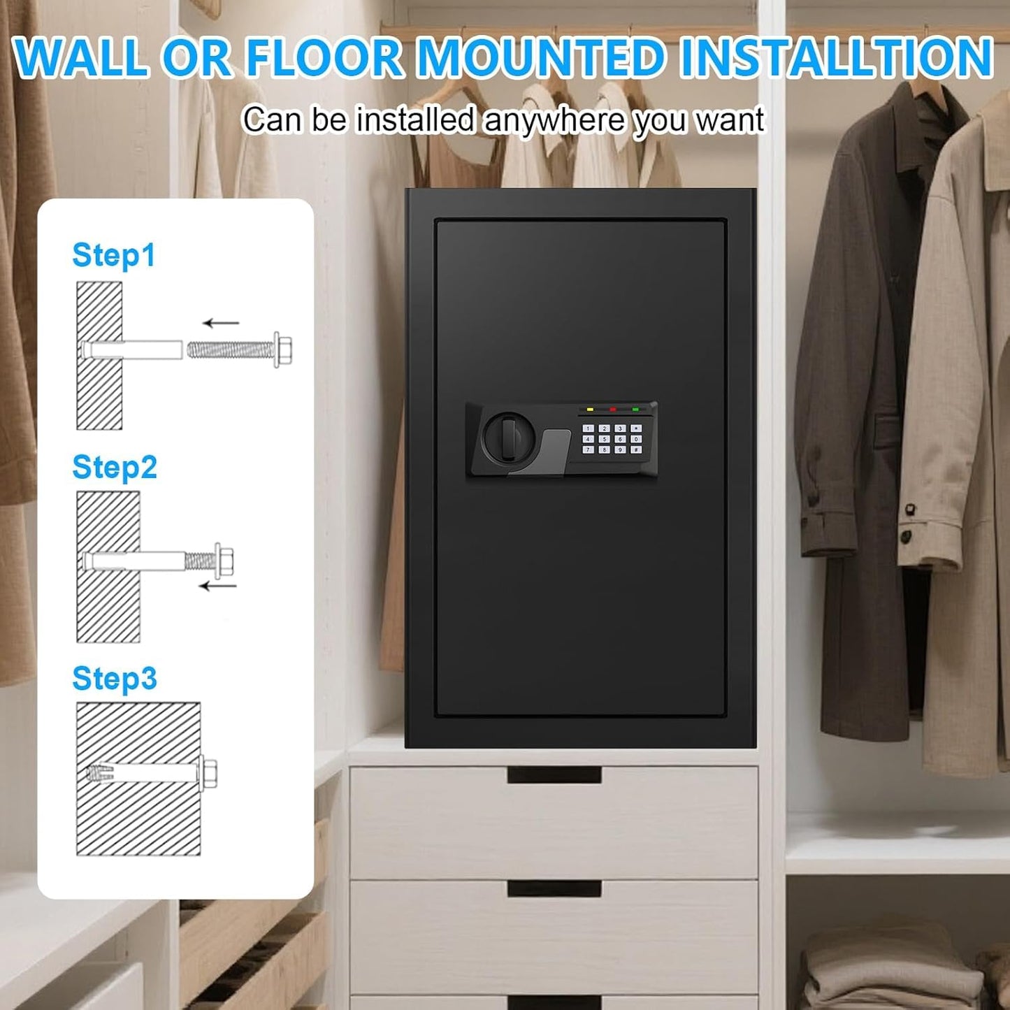 3.3 Cuft Large Fireproof Safe for Home, Home Safety Box Fireproof Waterproof with Electronic Keypad and Spare Keys, Anti-theft Digital Security Safe for Money Firearm Medicine Valuables
