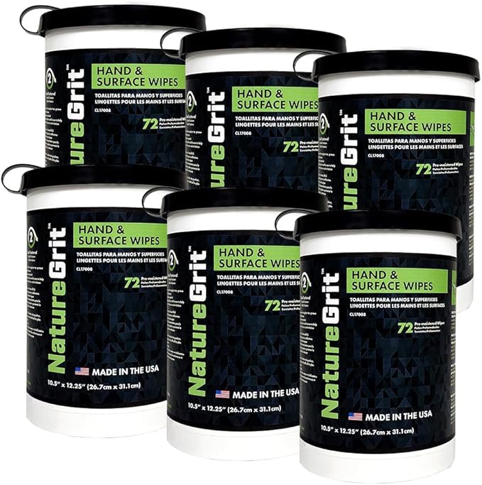 NatureGrit Hand & Surface Wipes: Mechanic Cleaning & Degreaser Sheets, Grime Removal, Hand Cleaner Towels for Mechanics, Workshop Use (Box of 6 canisters, 72ct/canister)